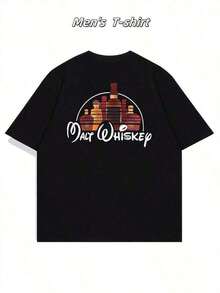 Whiskey Bottle Graphic T-Shirt, Men's T-Shirt With Double-Sided Print, Casual, Crew Neck, 220 G/M², Pure Cotton (1 Piece) - 黑色 - 查看 3