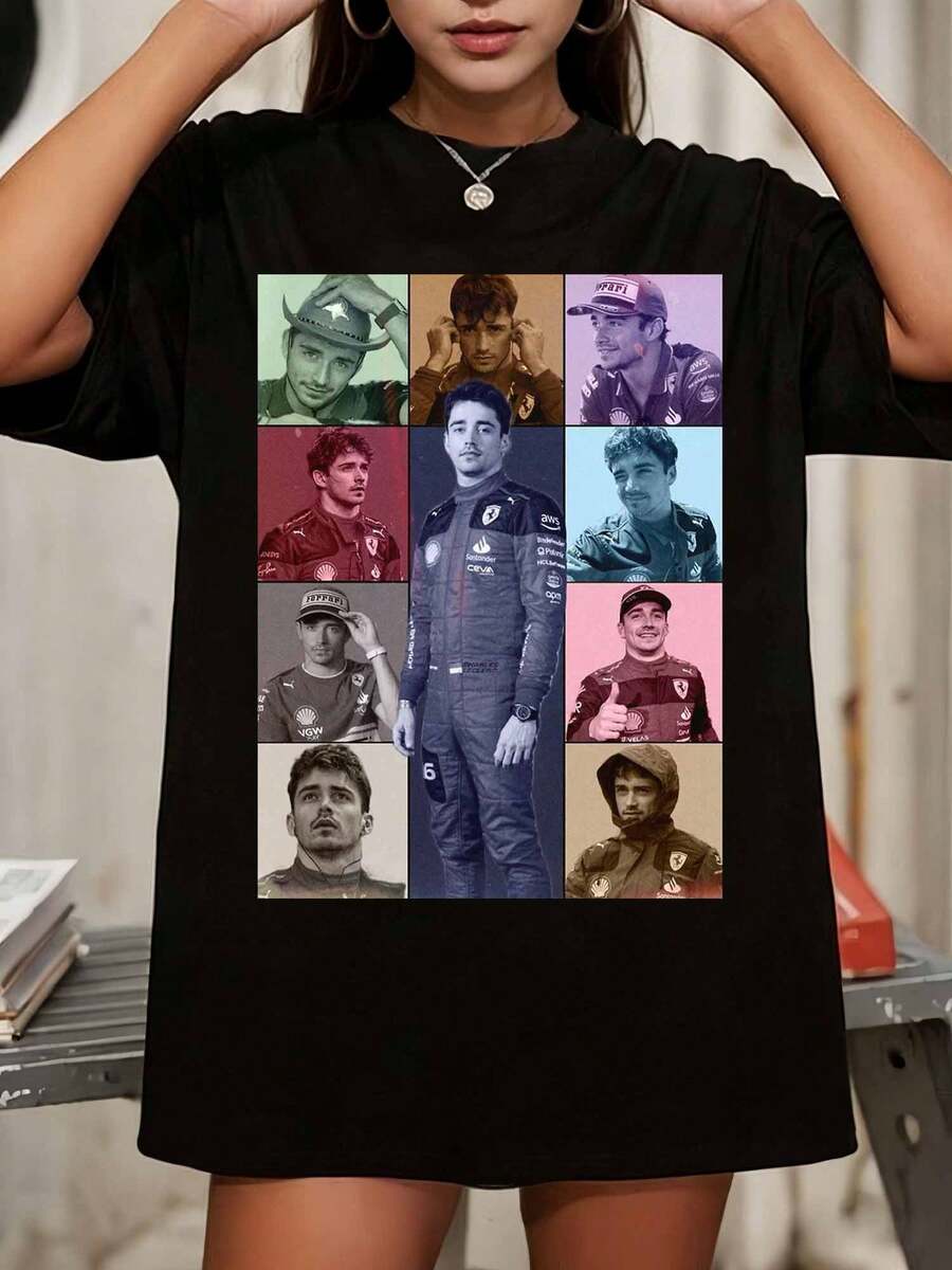 Charles L-LeclercSSS F1-förarfotokollage grafisk överdimensionerad svart t-shirt - Svart - Visa 1