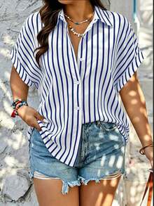 Plus Size Summer Fashion Striped Single-Breasted Drop Shoulder Short Sleeve Shirt, Polyester Contrast Color Front Button Closure, Short Front Long Back Design - Blue Stripes - View 5