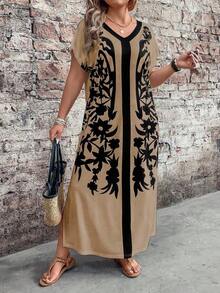 Vestido de mujer de talla con estampado floral bohemio de manga corta y cuello en V para primavera y verano, con diseño de bajo dividido, para uso casual y de vacaciones - Multicolor 3 - Ver 6