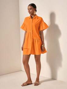 bfdbZivah Vestido de vacaciones de manga corta con volantes en el bajo y botones delanteros de unicolor, para veranosfb x WBBE - Naranja - Ver 5