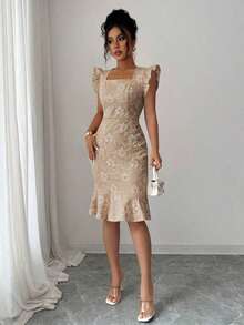 Vestido de mujer con cuello cuadrado, mangas con volantes y bajo con volantes, de unicolor y estampado jacquard, adecuado para uso diario en verano - Camel - Ver 5