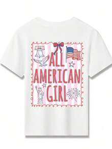 American Honey Kids' Short Sleeve T-Shirt With 4th Of July Cartoon Print, 180g, Soft, Comfortable And Breathable, Suitable For All Seasons, Perfect For Boys And Girls For Everyday Wear, School And Casual Sportswear. An Ideal Crew Neck T-Shirt For Holiday Parties, Gatherings, Outdoor Activities And Travel. - 鏽棕色 - 查看 3