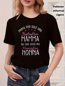 Camiseta de mujer italiana con estampado "PRIMA ERO SOLO UNA" y "FANTASTICA MAMMA", cuello redondo, mangas cortas, tejido ligero de poliéster para primavera/verano. - Negro - Ver 7