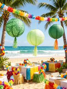 5pcs/Set Hawaiian Summer Beach Party Paper Lantern Set, Tropical Leaf Print Hanging Paper Lantern Decoration, Green Series Round Lanterns, Suitable For Luau Party, Tiki Beach Wedding, Backyard BBQ, Pool Party, Birthday, Indoor/Outdoor Hawaiian Theme Summer Decoration - Multicolor - View 1
