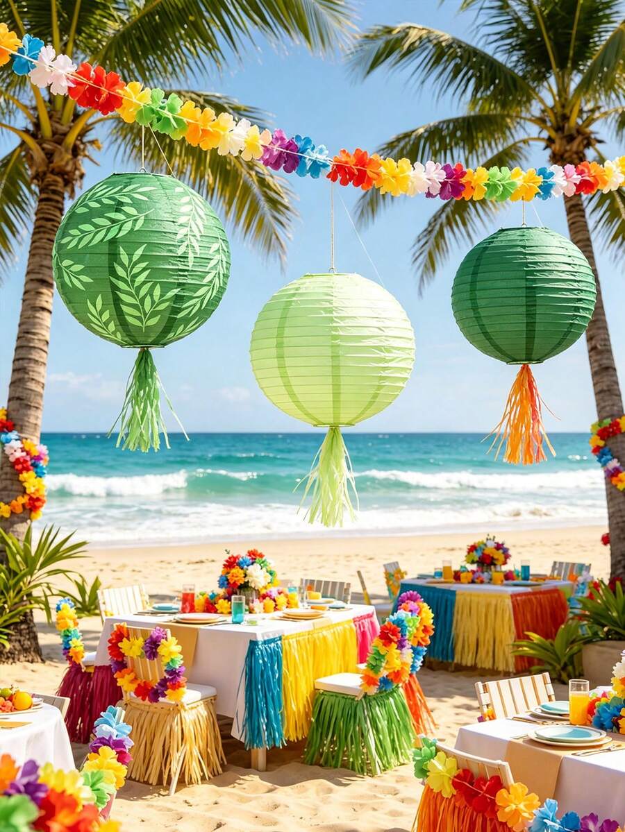 5pcs/Set Hawaiian Summer Beach Party Paper Lantern Set, Tropical Leaf Print Hanging Paper Lantern Decoration, Green Series Round Lanterns, Suitable For Luau Party, Tiki Beach Wedding, Backyard BBQ, Pool Party, Birthday, Indoor/Outdoor Hawaiian Theme Summer Decoration - Multicolor - View 1