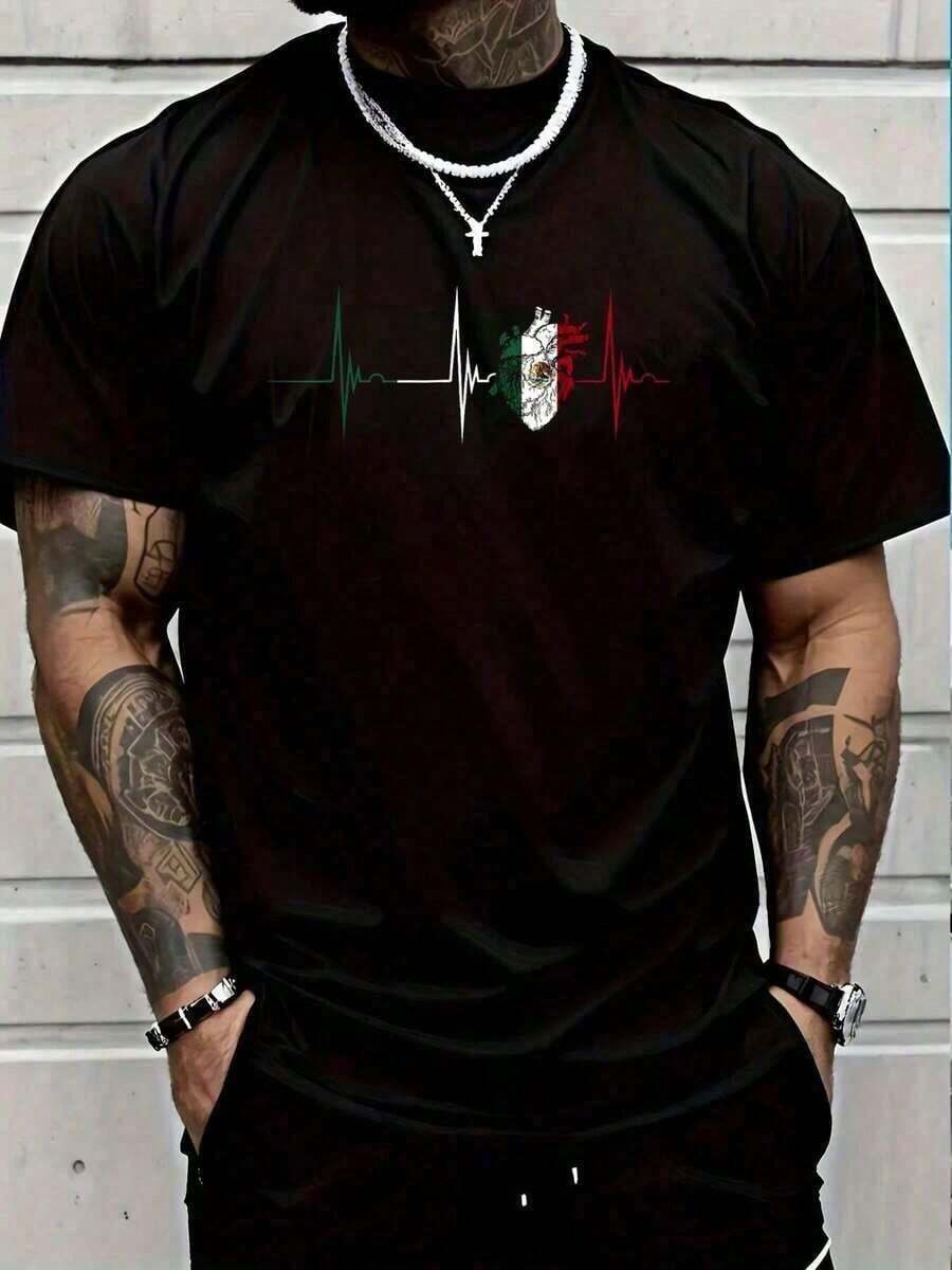 Camisetas Gráficas de Algodón 100% Algodón, Diseño Corazón de México, Bandera de México, Latido del Corazón, EKG, Pulso, Orgullo Mexicano, Camisetas Gráficas para Hombre y Mujer, Tops de Ver - Negro - Ver 1