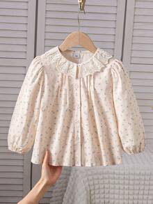 Girls' Long Sleeve Pure Cotton Shirt With Turn-Down Collar, Autumn Top - Apricot - View 1