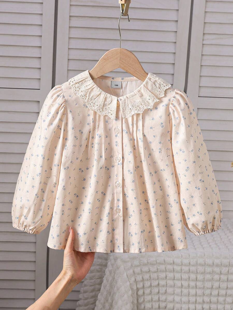 Girls' Long Sleeve Pure Cotton Shirt With Turn-Down Collar, Autumn Top - Apricot - View 1