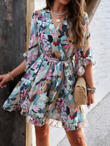 aVestido corto con volantes estampado PoPoHouse, vestido ligero con mangas acampanadas y cinturilla para mujer, elegante vestido corto para vacaciones y playa en primavera y verano - Burdeos - Ver 9