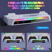P/S5 超薄壁挂支架，配备双控制器充电器、耳机支架和 RGB 灯条 - ABS 材质，包含 USB 线缆和适配器，方便安装。 - 白色 - 查看 1