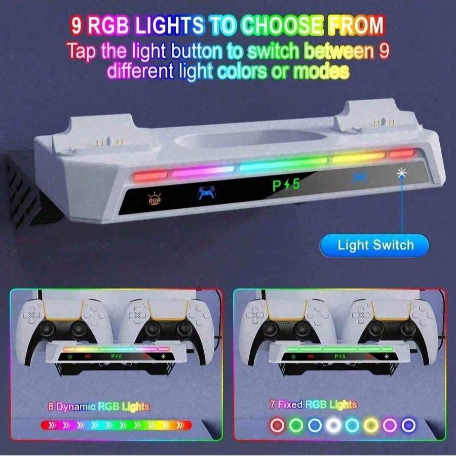P/S5 超薄壁挂支架,配备双控制器充电器、耳机支架和 RGB 灯条 - ABS 材质,包含 USB 线缆和适配器,方便安装。 - 白色 - 查看 1