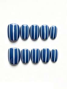 10pcs Pure Handmade Short Oval Blue And White Press On Nails, Minimalist High-End Color Block With Hand-Painted Stripes For Women And Girl,Spring Summer Fall Winter Festivals Party And Daily Life Use - 藍白色 - 查看 1