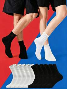 1/5/10/20 paires de chaussettes mi-mollet de couleur unie noire et blanche pour hommes, chaussettes toutes saisons, non compressives, convenant aux sports, à la course, à la fitness - Multicolore - Voir 2