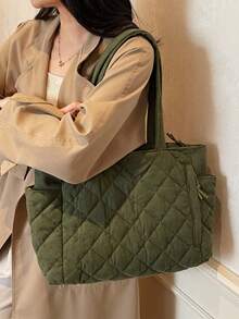 Tas Tote Tunggal Berbahan Quilted untuk Penggunaan Sehari-hari dengan Tali Lebar, Tas Bahu Kapasitas Besar untuk Semua Musim dengan Kantong Samping untuk Penyimpanan Mudah, Cocok untuk Bekerja, Belanja Akhir Pekan, dan Jalan-jalan di Kota, Ramah untuk Wanita Pekerja, Mahasiswa, dan Pecinta Pakaian Kasual - Hijau - View 5