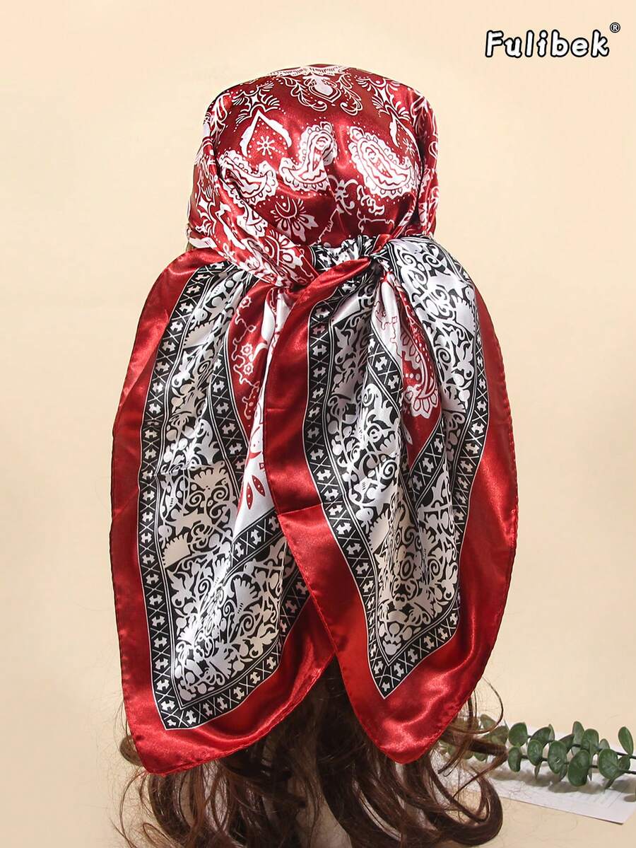 1件新款四季通用90cm正方形印花絲綢女式圍巾,女式方巾與頭巾,髮飾、頭巾、髮帶、髮圈、髮箍、服飾配件,適用於海灘度假與日常生活,為您的風格增添亮點 - 酒紅色 - 查看 1