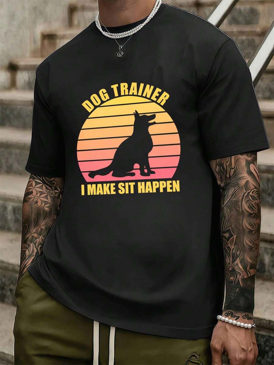 Men's Dog Trainer Graphic T-Shirt, Fall, 100% Cotton, Crew Neck, Relaxed Fit, Casual. - Preto - Ver 1