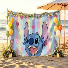 Disney Lilo & Stitch Tapestry, Pastel Stripes & Hearts Print No-Hole Backdrop, Perfect For Parties, Camping, Home Decor, Scene Setup And Gathering Displays - 0 - View 2