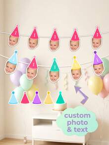 6/12/18pcs Customized Baby Photo First Year Banner, Monthly Milestone Banner, Macaron Color/Polka Dot/Striped Party Hat Design, 1st Birthday Photo Banner, Personalized Milestone Hanging Decor, Happy Birthday Photo Banner, Baby Growth Keepsake - Multicolor - View 3
