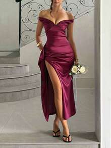 Summer Dress, Burgundy Off-Shoulder Fitted Elegant Women's Dress, High Slit To Thigh Sexy Formal Evening Gown Wedding Party - Burgundy - View 11