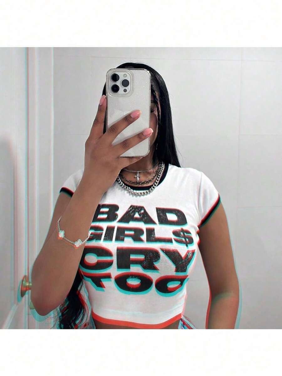 Top corto de mujer Bad Girls, camiseta de algodón de manga corta para estilo casual, camiseta ajustada de cuello redondo. - Blanco - Ver 1