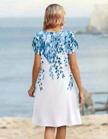 ,Flower Dress Women,2026 Women's Summer Casual Floral V-Neck A-Line T-Shirt Mini Dress Short Sleeve With Pockets Beach Sundress,Casual Summer Dress, S - 白藍色的花 - 查看 5