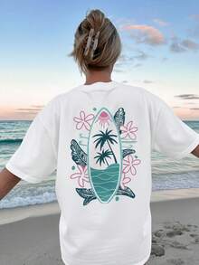 Women's Spring/Summer Double-Sided Print Casual Versatile Vacation Style T-Shirt With Surfboard And Coconut Tree Print Short Sleeve Round Neck Oversized Drop Shoulder T-Shirt Chu K Women's Summer Outfit - White - View 3