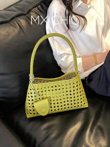 1件女款純色PU新月形肩背包，時尚編織紋理鏤空設計，適合通勤、購物和度假 - 綠色 - 查看 1