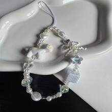 Delicate Iridescent Pony Beaded Phone Lanyard, Decorated With Pearl, Bow, Dice And Star Charms, Soft And Healing Milky White Color Scheme. Handmade Beaded With Fine Texture, Unique Niche Design, Suitable As Phone Strap, Keychain Or Bag Charm, Full Of Girly Vibe, Versatile For Daily Wear, Great For Gifting Or Personal Use - Multicolor - View 2