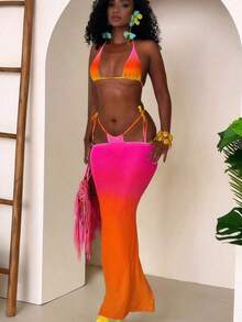 Conjunto de bikini sexy para mujer de 3 piezas, bikini halter de color sólido con efecto ombré brillante y falda larga de malla, adecuado para vacaciones, Pascua, festivales, salidas, citas nocturnas, ropa para todas las mujeres, vacaciones de otoño y verano. - Azul - Ver 9