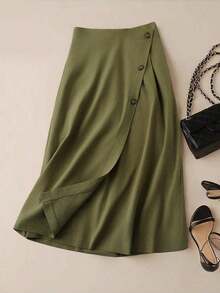 Falda casual de mujer con abertura lateral de unicolor - Verde militar - Ver 5