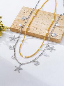 2 piezas Cadena para la cintura con cuentas de estilo bohemio con conchas y estrellas de mar de la serie oceánica para mujeres - Plateado - Ver 3