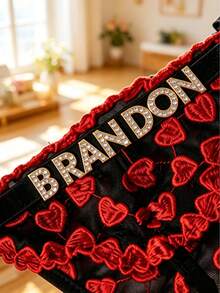 1pc Women's Customized Rhinestone Text & Red Heart Embroidered Black Mesh Thong, Personalized Lingerie Gift For Her - Multicolor - View 3