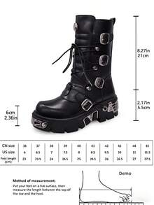AYUSTONG Women's Y2K Style Punk Rock Platform Combat Boots, Chunky Heel Design, Thick Sole, Decorated With Rivets And Zipper Buckle, Solid Color Lace-Up Mid-Calf Boots, Non-Slip Rubber Sole, Comfortable Low-Top Round Toe Style With Thick Sole - Black - View 13
