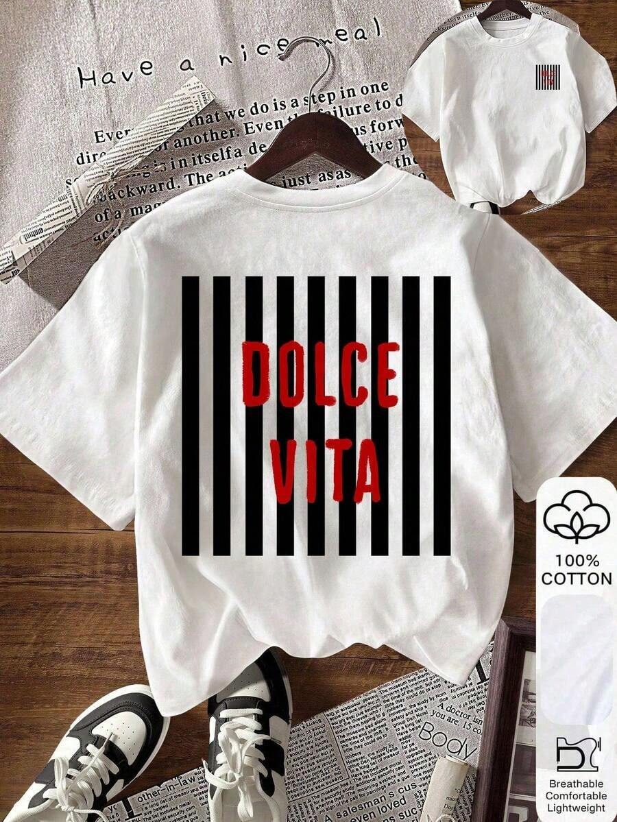 Casual Round Neck Short Sleeve T-Shirt With Letter Print And Stripe, Versatile For Summer, Breathable And Comfortable - Blanc 5 - View 1