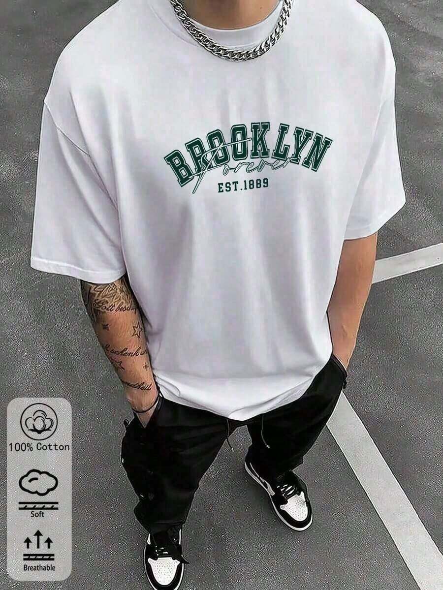 Men's Urban Print T-Shirt, Short Sleeve, Brooklyn Design, Casual Urban Style, 100% Cotton, Comfortable For Everyday Wear, Modern And Casual, Brooklyn T-Shirt For Independence Day. - 布蘭克 - 查看 1