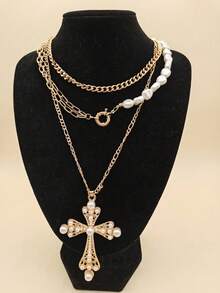 3pcs Minimalist Vintage Modern Retro Coin, Chain, Cross Pendant, White Bead Necklace Set, Suitable For Party, Holiday, Gift, Daily Wear - Gold - View 3