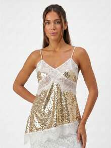 Top de tirantes de encaje y lentejuelas para mujer, ropa de verano, top de fiesta con escote en V y tirantes finos - Dorado - Ver 1
