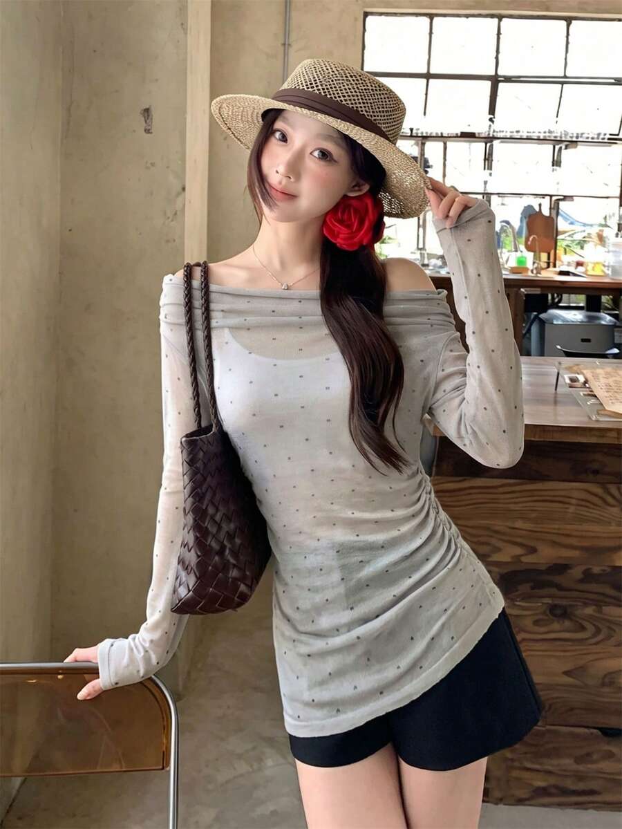 Áo len dệt kim chấm bi xám kiểu Hàn Quốc mùa xuân/hè, thiết kế độc đáo, cổ bất đối xứng, ôm sát, tay dài, chất liệu mềm mại, thanh lịch, đa năng cho công sở. - Xám - Xem 1