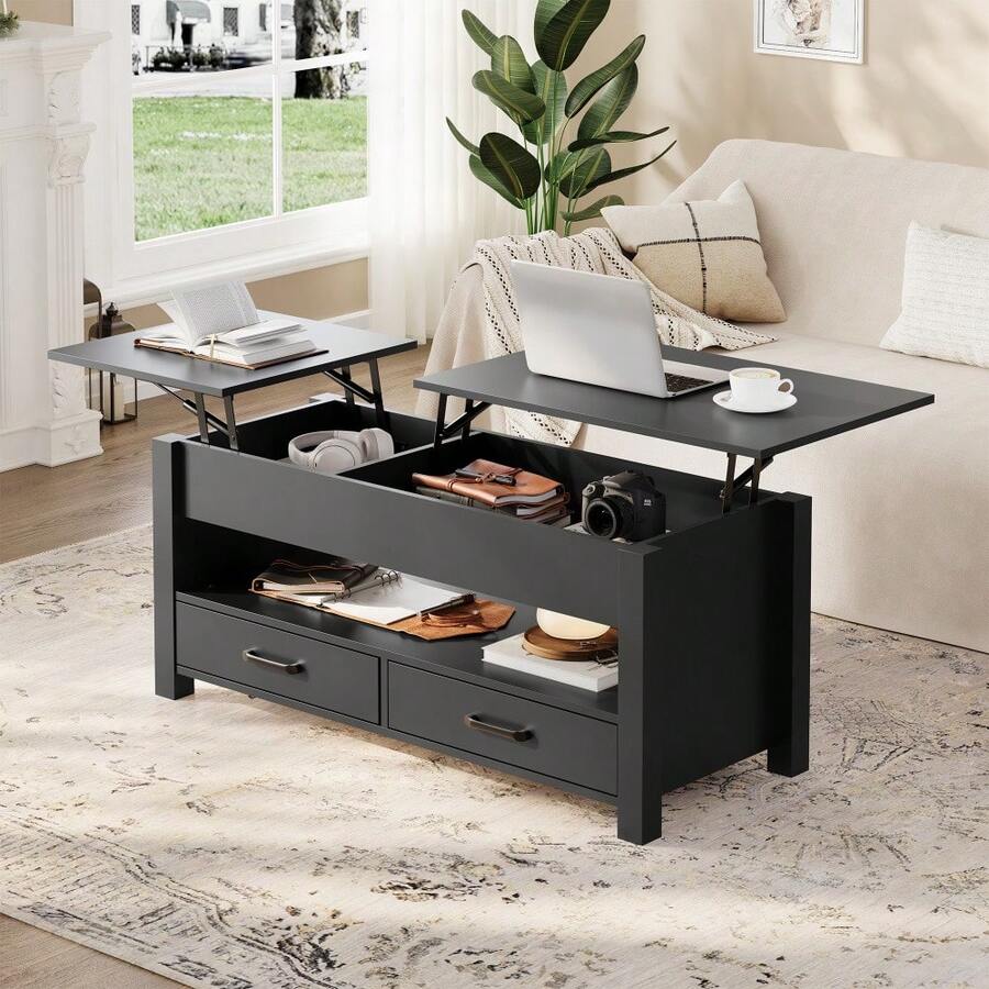 Living Room & Home Office Coffee Table: 47.2 Inch Multi-Function Design With Lift-Top Storage, Wooden Tabletop, 2 Drawers And Hidden Compartment - Black - View 1