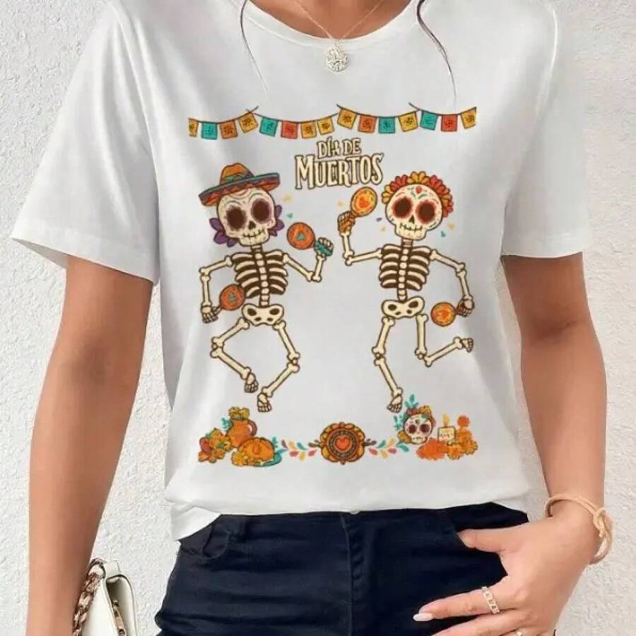 Women's T-Shirt For Day Of The Dead: Skeleton Print With A Unique Graphic Design. Casual And Themed Style, Ideal For Celebrating Day Of The Dead Or Everyday Wear. Perfect As A Gift For Friends, Family, Or Loved Ones, It Combines Traditional Culture. - 白色 - 查看 1