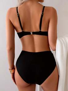 Conjunto de 2 piezas de bikini de verano unicolor elegante estilo bohemio con tirantes finos dulce traje de baño para playa vacaciones negro - Multicolor 3 - Ver 9