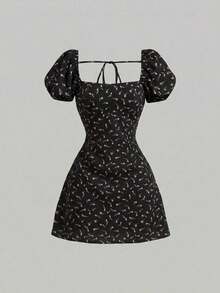 Vestido de moda con cuello cuadrado, mangas de pétalo y estampado floral para mujer - Negro - Ver 3