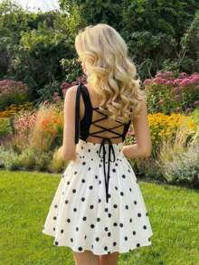 MOD Vestido rosa romántico con espalda descubierta y lazo, adecuado para citas, fiestas, vacaciones, meriendas de té y ocasiones de cumpleaños - Blanco y Negro - Ver 8