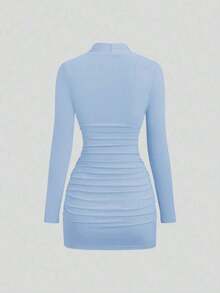 MEXSweetra Nuevo vestido de cóctel elegante para fiesta, color burdeos con decoración metálica, silueta ajustada, adecuado para Navidad y ocasiones formalesMEX DNHH - Celeste - Ver 2