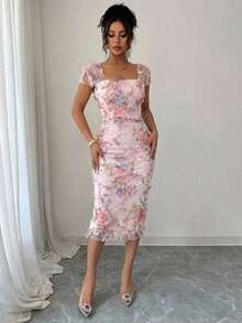 Vestido midi elegante y romántico de mujer con malla impresa y fruncido, adecuado para la temporada de bodas, fiestas, citas, salidas casuales, primavera/verano - Morado 3 - Ver 10