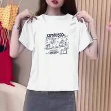 Camiseta de cuello redondo y manga corta con un bonito diseño de estampado de dibujos animados, nuevo estilo de verano, top casual y versátil para mujer. - Blanco - Ver 2