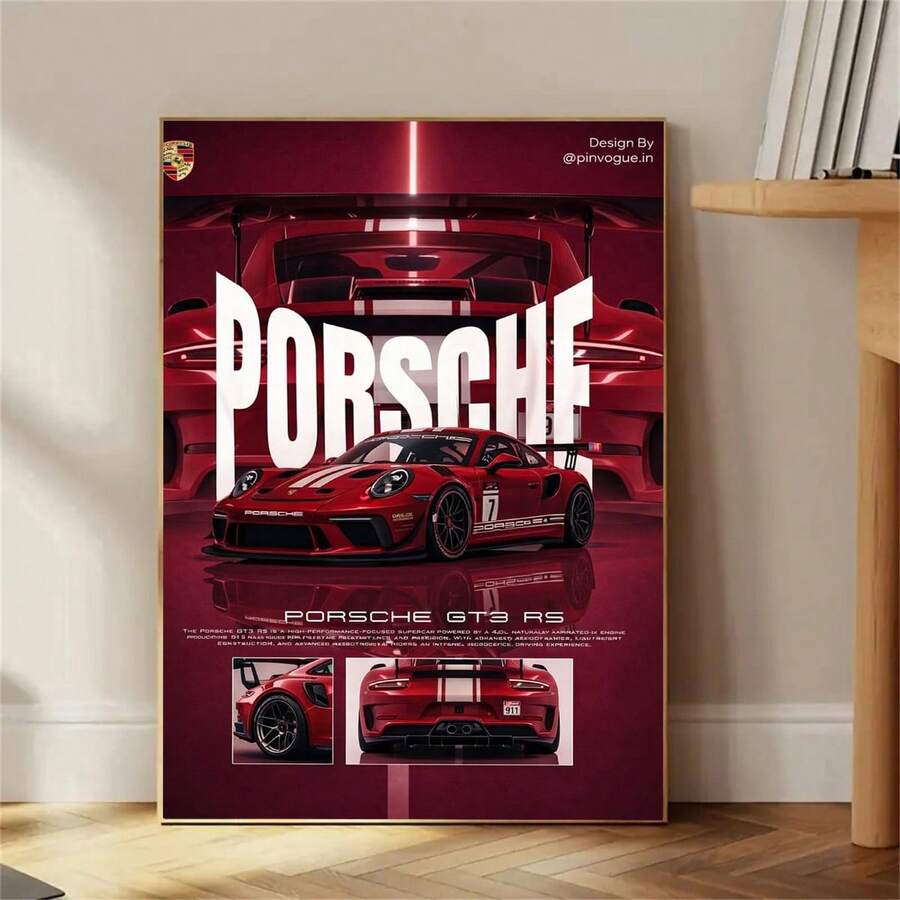 1张保时捷911 GT3 RS“赛车红”特别版海报 - 包含三视图和技术规格。这款醒目的单色红色美学墙面艺术印刷品专为汽车爱好者设计,可用于装饰卧室、车库和办公室。不含画框。 - 海報D - 查看 1