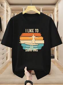 Camiseta de hombre talla grande 100% algodón, cuello redondo, manga corta, con estampado de surf "ME GUSTA SURFEAR". Estilo casual y moderno, cómoda para usar en verano. - Negro - Ver 6