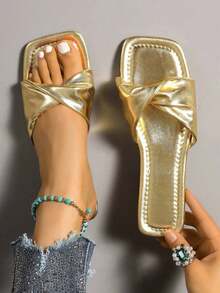 Women's Fashion Foldable Soft Leather Flat Pleated Slide Sandals, Versatile Slip-On Flat Square Toe Summer Sandals - 金子 - 查看 13
